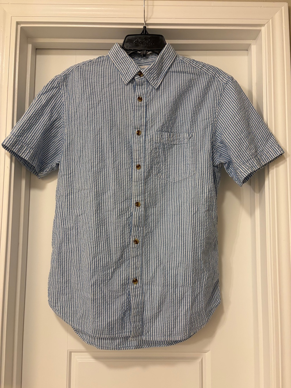 Old Navy Blue and White Striped Short-Sleeve Button-Down Shirt